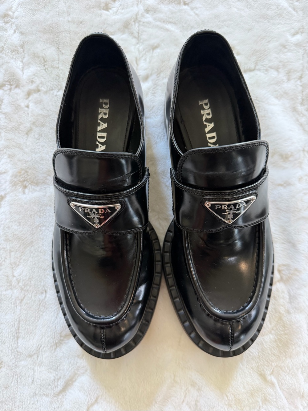 Prada Black Patent Leather Penny Loafers with Silver Triangle Logo